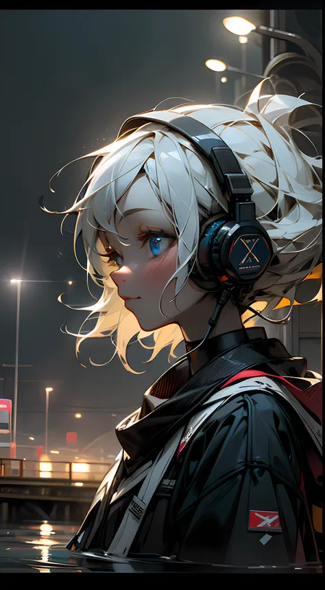 1gril Blue eyed sparkling albino, use headphone and headphone,Watching fireworks In the river, light reflects on the water , ultra detail, mak detail, intelligent lighting, intelligent blue effect