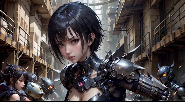 Fantasy、full-body view、Black hair color、Super short hairstyles、cyberpunked、(Double Sword、Scorpion Cyborg Woman、Das Veilchen:1.1)、1 woman、Mechanical technology、Robot Presence、Ninja-like fighting stance、Cybernetic Guardian、