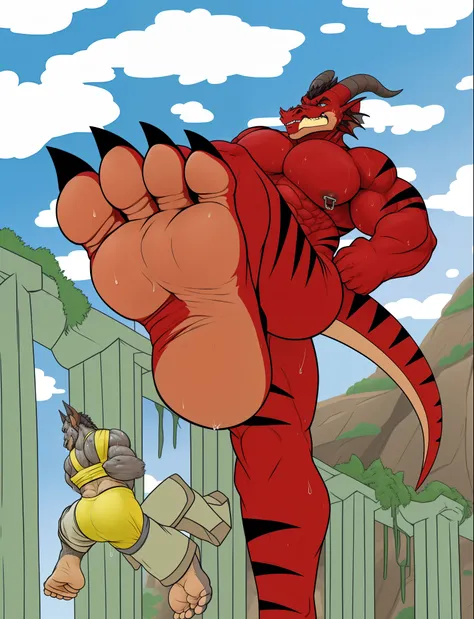 anthro dragon, big feet, 3 toes, plantigrade feet, swollen soles, growing feet, sweaty soles, sweating, sweat, grey soles, sweat dripping grom soles, big pecs, muscles, nipple piercing, bulging speedo