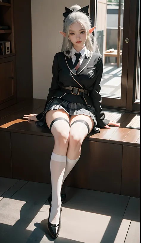 （Very normal body）Japanese-style city：1 Elven Beauty，JK school uniform，(Elf long ears)，short silvery-white hair，Semi-tied ponytail。High School Girl Uniform)，short plaid skirt，Grow legs，Black short stockings，Black socks, Black socks，Translucent black socks，...