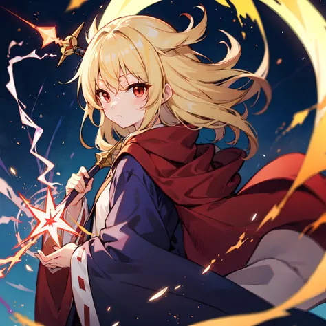 a blond、red eyes、One Beautiful Girl、Wizard robes、thunderbolt、Sorcerers Wand