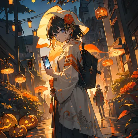 A boy in a ghost costume、Hold the mobile phone in your left hand、I hold a carved pumpkin with fire in my right hand, Ghost Costume, Jack-o-lantern, Solo, Halloween