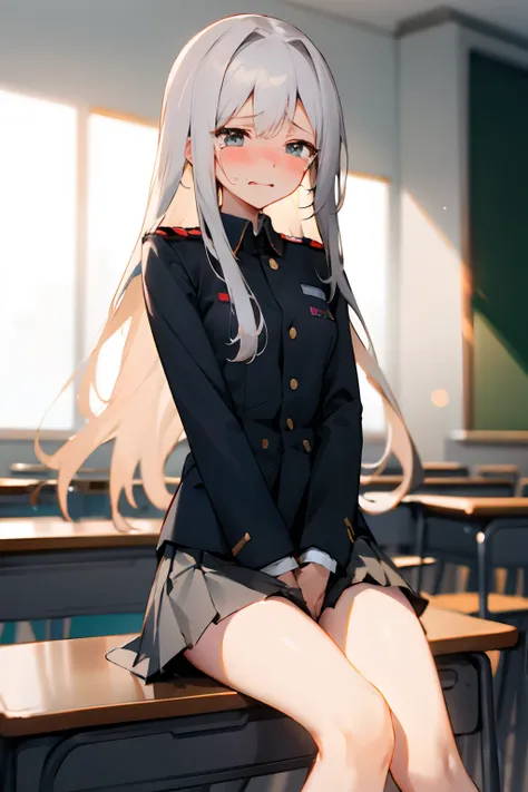 1 person white long hair、Girls in uniform、a miniskirt、爆乳、Chest is open、looking at away、Sitting and spreading your crotch、embarrassed from、blushed face、is crying、Keep your mouth shut、‎Classroom(Girls)