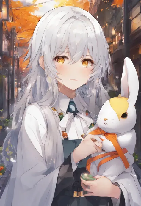 anime character with white hair and yellow eyes holding a rabbit, anime style 4 k, 4k anime wallpaper, 4 k manga wallpaper, anime art wallpaper 4 k, anime art wallpaper 4k, anime art wallpaper 8 k, from arknights, best anime 4k konachan wallpaper, anime wa...