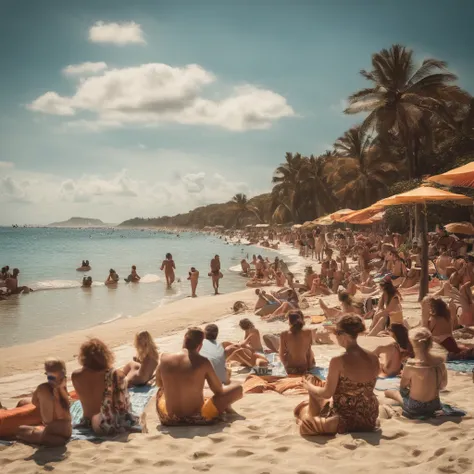 crowd of people dressed only in swim suits, looking on smartphones on beach, water, sitting, standing or laying, color, children, adults, man, woman, future times, child with smartphone in front of picture, sunny day, clouds, real photo