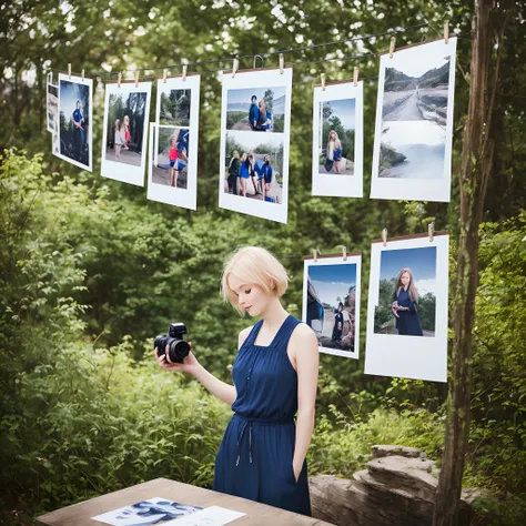 Photographer blonde woman, outdoor, standing desk, hanging photographs on a string