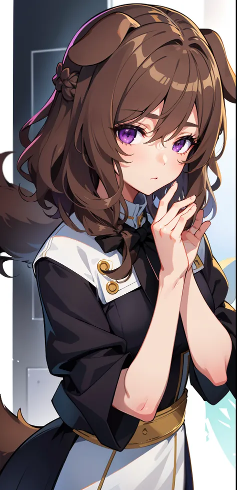 1girl, solo, ((masterpiece)), ((best quality)), extremely detailed face, perfect lighting, nice hands, perfect hands, naaza erisuis, hair between eyes, dog ears, dog tail, dog girl, brown hair, short hair, braid curly hair, purple eyes,