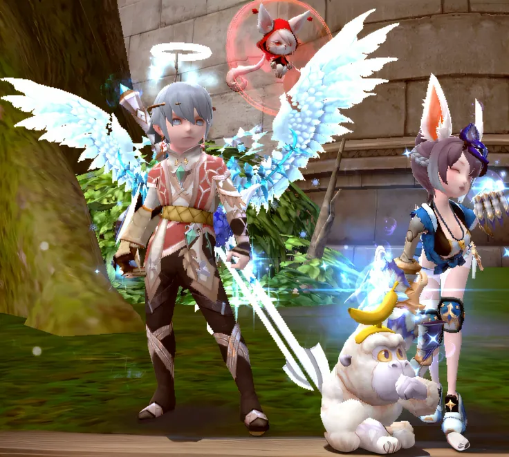 there are two people in a video game with wings and a dog, <mmorpgs scene, aion, mmorpg fantasy, from lineage 2, mmorpg, lineage 2 revolution style, lalafell, ragnarok online, angel knight girl, armor angle with wing, winged archer, final fantasy 14 style,...