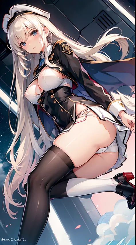 ((slanted eye)),Colossal tits,(((A MILF))), (White panties), Military uniform,(a miniskirt),Over knee socks, thong, (((maturefemale))),groin,blush,From below,Inside the spaceship,Floating in the air,weightless,from behind