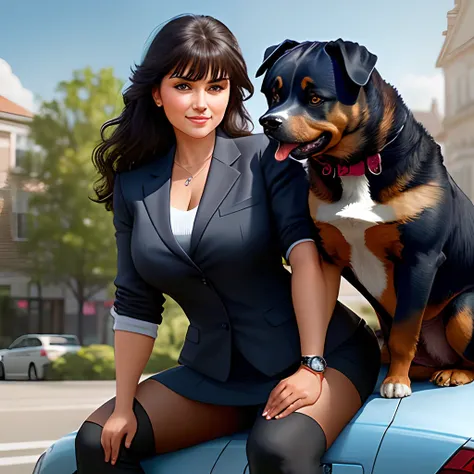 A  woman straddling a rottweiler