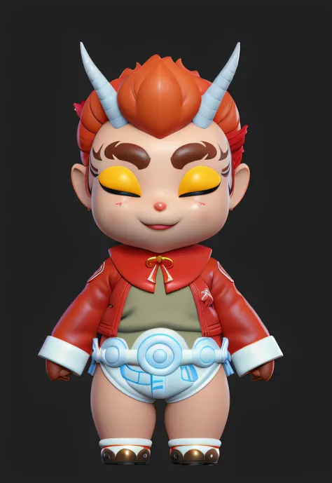 Close-up of toy with red jacket and horns, zbrush sculpt colored, highly detailed character, 3D model of a Japanese mascot, stylized character, colored zbrush render, painted in zbrush, 3 d render stylized, modelled in zbrush, character sculpt, pop japonis...