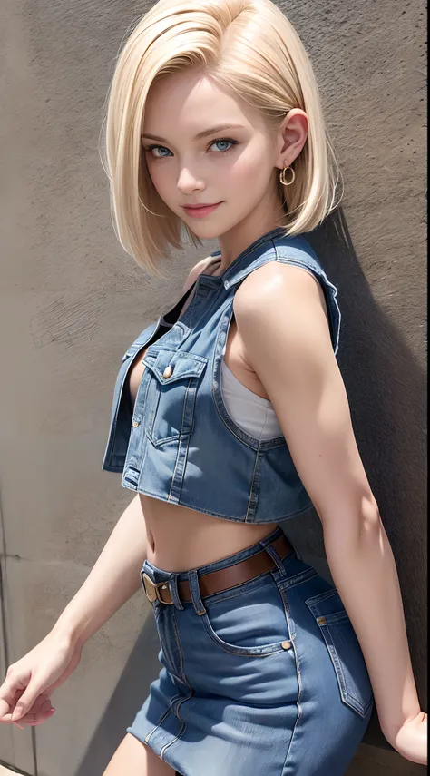 Best Quality, hight resolution, and18, 1girl in, Android 18, Solo, Blonde hair, Blue eyes, Short hair, Laughter and smile，earrings, Jewelry, Denim Vest, open vest, White belly button tank top，Jeans miniskirt,  Blue mini skirt, tiny chest, Cowboy Shot, Pose...