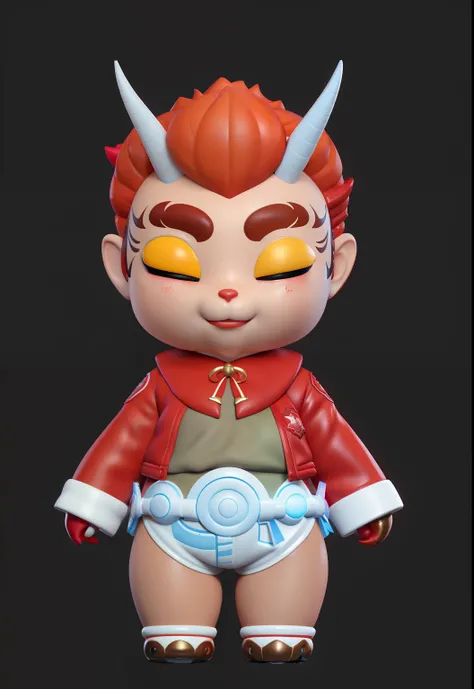 Close-up of toy with red jacket and horns, zbrush sculpt colored, highly detailed character, 3D model of a Japanese mascot, stylized character, colored zbrush render, painted in zbrush, 3 d render stylized, modelled in zbrush, character sculpt, pop japonis...