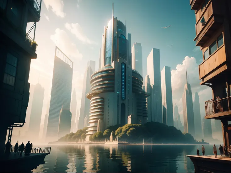 A detailed and visually stunning recreation of a sci-fi, modern fantasy world with beautiful cityscape, tall building, on the water, surrounded by sea, many people gathering, market, happy world, the city is build on the water, no land