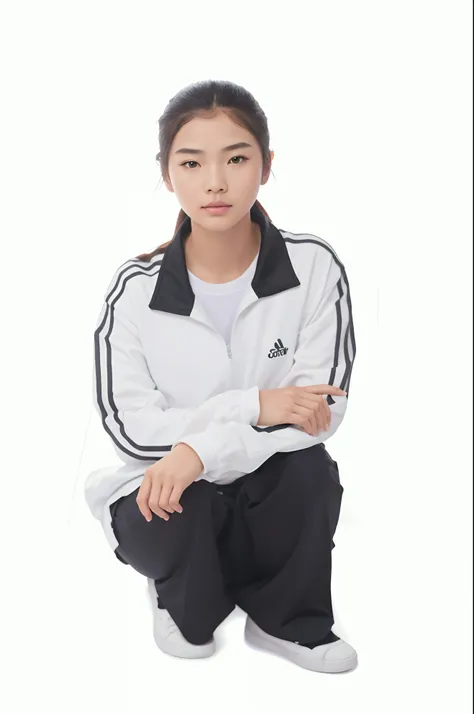 A portrait of a 15-year-old Chinese schoolgirl，Good facial features，Symmetrical facial features，Clear ears，Ultra-clear and realistic facial features，Hair combed back，hair natural，Expose your ears，The upper body is wearing white sportswear，The texture of th...