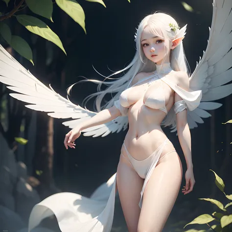 Fairy with a slim-faced face, white skin, tall, airy figure with beautiful white wings, wearing a thin white cloth, visible nipples.