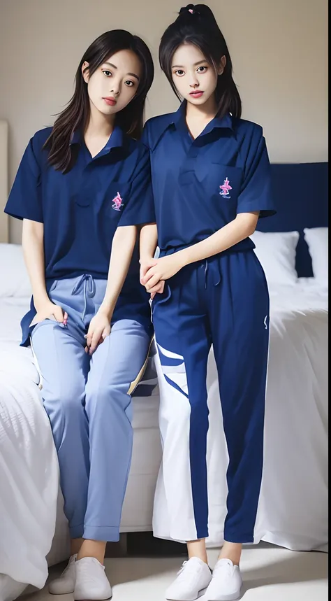 masterpiece, bestquality, ultra realistic, hyper-detail, 8k resolution, RAW photo, crisp focus, (2 girls holding hands in the bedroom), ((Navy blue shirt:1.1)), short sleeves, Long Path, Perfect body, 2 mature women, 18yo, cinematic light,Blue sweatpants,G...