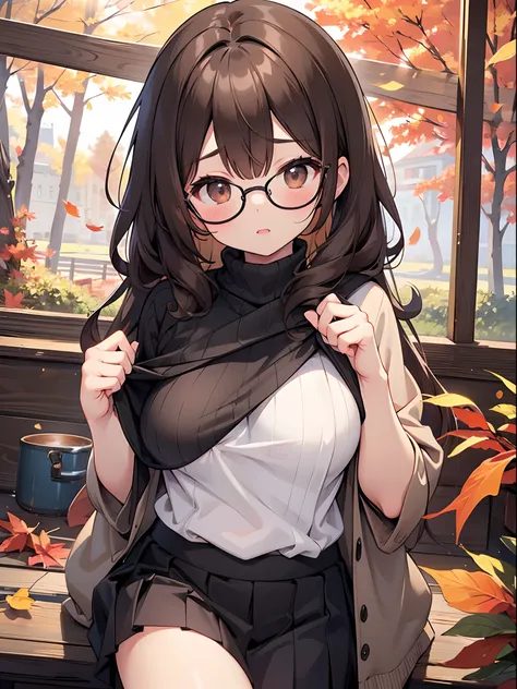 1 female、brown haired、Brown eyes、Black-rimmed glasses、seductive boobs、gorgeous faces、Perfect body。Best Quality、ultra-detailliert、8K resolution、Raw photo、masutepiece。Sweaters、long  skirt。Autumn landscape。