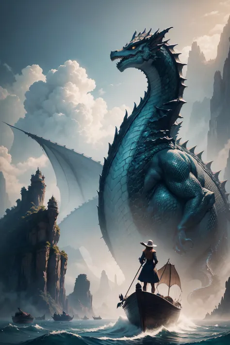 there is a woman in a boat with a dragon on the water, a detailed matte painting by Adam Marczyński, shutterstock contest winner, fantasy art, scylla and charybdis, jormungandr, jörmungandr, sea serpent, teenage girl riding a dragon, riding a dragon, epic ...