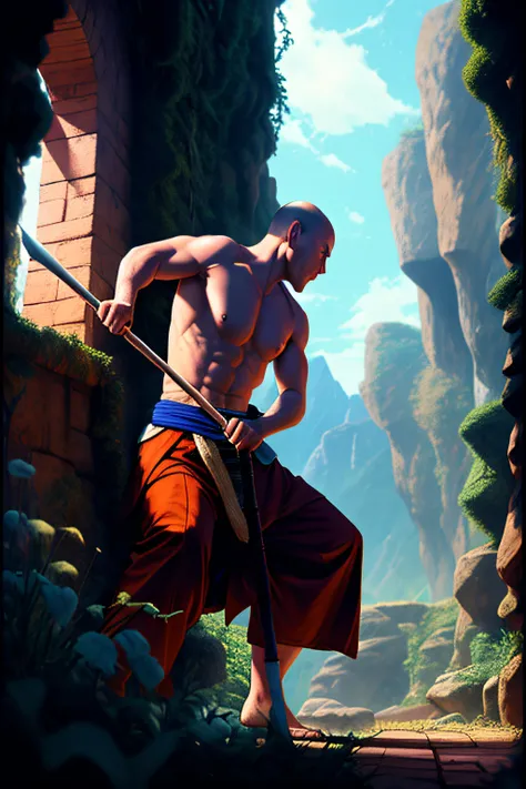 A half naked monk fighting with onli one quarterstaff