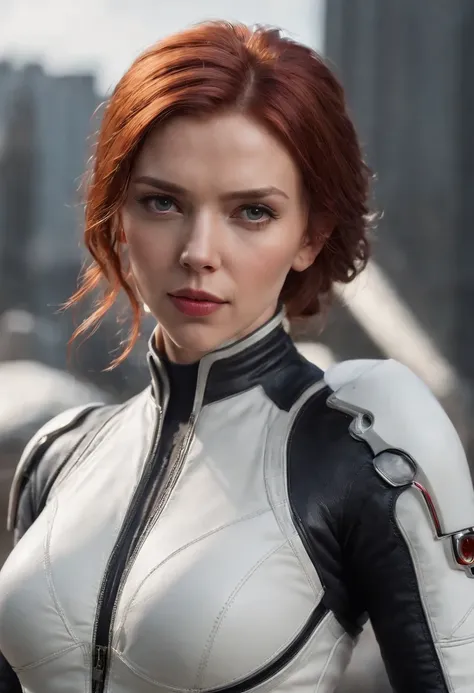 Close-up of a woman with red hair in a white leather coat，Scarlett Johansson plays Black Widow in the Marvel Universe, in an urban setting, Super detailed, White Black Widow costume，Ultra-detailed Black Widow white costume, High-quality facial research, fu...