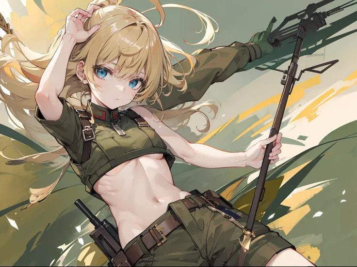 Armpit, Brown croptop, Army pants, blonde hair, Field space, (( masterpiece, high quality, best quality, detailed quality)), Wafen SS uniform, In Berlin.