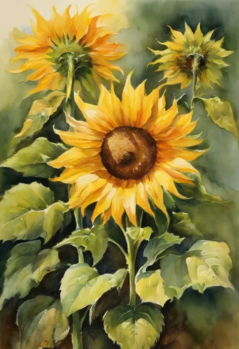 (master part), (melhor qualidade), ((vista frontal)), (Centrado), (meio corpo), Watercolor illustration of a sunflower, arte Boris Vallejo, Syd Mead, arte dos anos 70s, na cor verde.