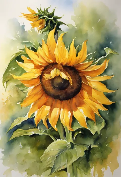 (master part), (melhor qualidade), ((vista frontal)), (Centrado), (meio corpo), Watercolor illustration of a sunflower, arte Boris Vallejo, Syd Mead, arte dos anos 70s, na cor verde.