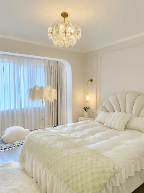 White bedroom with white quilt and pillow Alafid bed, White bed, Bed room, serene and peaceful style, cream - colored room, light cream and white colors, cream and white color scheme, dreamy and detailed, Dreamy and ethereal, Ethereal and dreamy theme, A b...