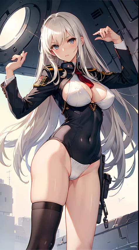 ((slanted eye)),Colossal tits,(((A MILF))),Military uniform,(White leotard),Over knee socks, thong, (((maturefemale))),groin,blush,From below,Inside the spaceship,Floating in the air,weightless,from behind,Ass