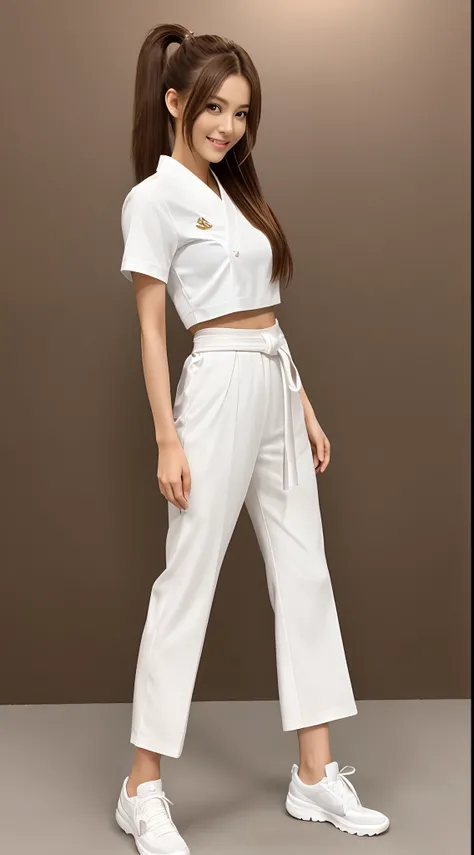 (Photorealsitic)(17 age), Perfectly beautiful woman, (Full body 8K portrait), White Karate Uniform, White karate pants, Large bust,Stand alone, dynamic movements, Perfect facial detail, (Smile: 1.15), attractive beautiful face, gazing at viewer, a small fa...