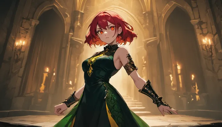 full body photograph, confident young woman with red straight hair, half red and yellow sharp eyes, wearing an elegant black dress with dark green pattern, in a castle, photorealistic, cinematic lighting