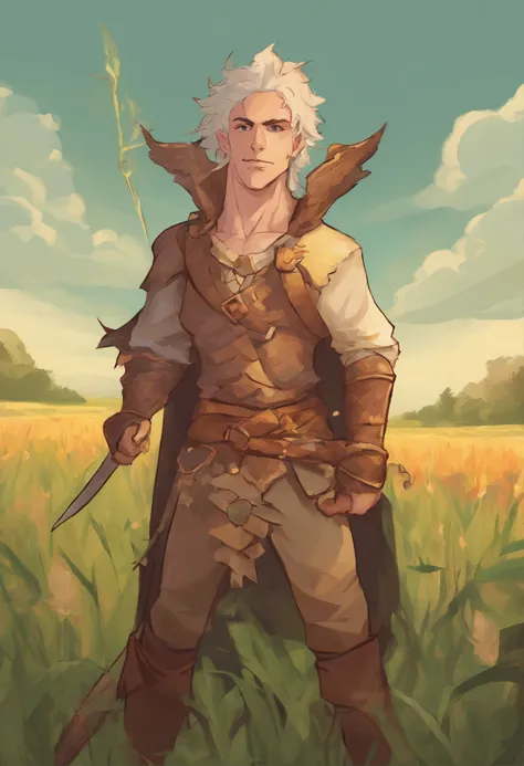 Retro, dark fantasy, hand painted, in the style of an 80’s fantasy book cover. A large half elf with small pointed ears. Wearing chain Mail. Shaved hair. Full body portrait. Standing an a wheat field with the sunrise behind him. Mediterranean skin tone.