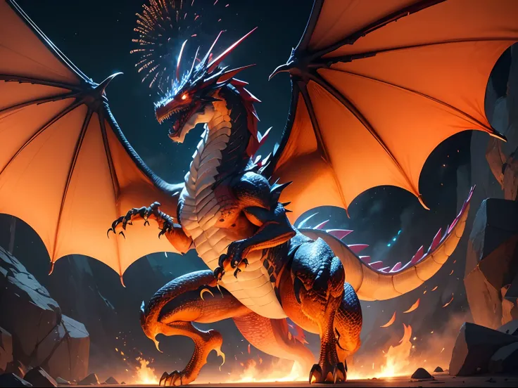 "vibrant colors, textured scales, sparks, majestic wings, fierce expression, fiery breath:0.2 Generate an impeccably detailed and awe-inspiring image of a fearsome red dragon preparing for battle in the midst of a spectacular fireworks display.

The dragon...