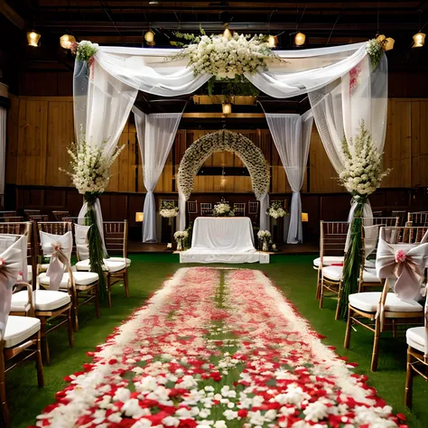 Wedding hall decorated with flowers, lots of flowers, Real photo, Realistic, Cinematography, Floristics