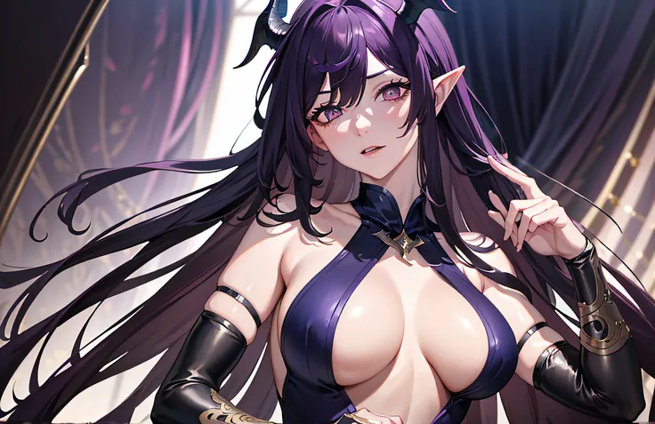 a sexy lady with medium tits ((D-Cups)) and horns in a dress and robe, elegant dress, pelvic window, 1girl, breasts, horns, solo, wings, gloves, large breasts, dress, pointy ears, looking at viewer, halo, long hair, indoors, covered navel, demon horns, dem...