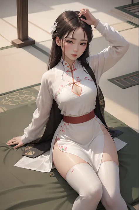 A beautiful woman in a white silk cheongsam sits on a tatami