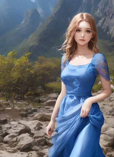 Create an image of a woman in blue dress standing