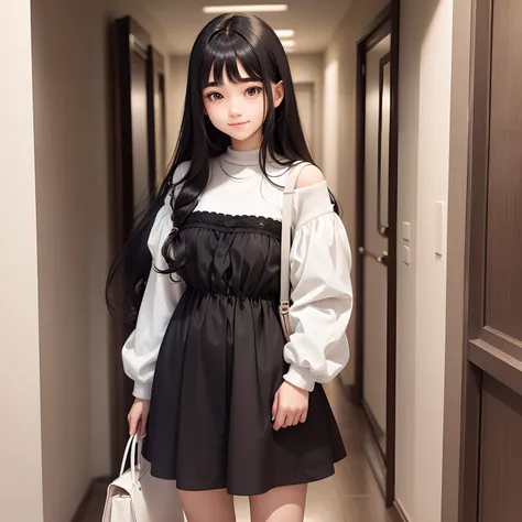 teenage girl with a shy expression, standing before you while holding a plush bear doll in her hands. Her hair is black, smooth, long, and soft, cascades gently around her shoulders. Her porcelain-white skin complements her casual yet modest clothing. As s...