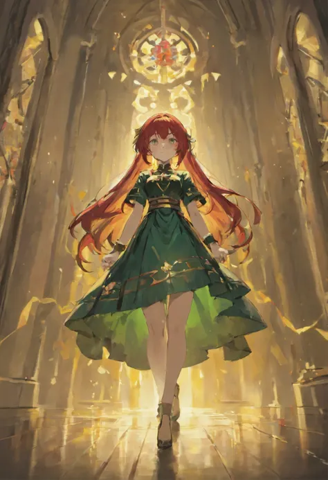 full body photograph, confident young woman with red straight long hair, half red and yellow sharp eyes, wearing an elegant black dress with dark green pattern, in a castle, photorealistic, cinematic lighting