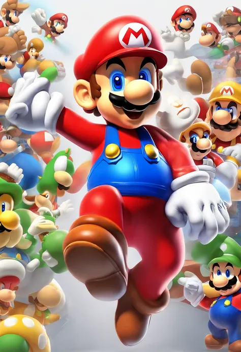 Mario), Character Design, Nintendo Super Mario, (Blue eyes, Red hat, Red suit, Blue suspenders, White Gloves, ),musculature、macho、 clean back ground, high detailing, High resolution, in 8K, Best Quality, Ultra high definition