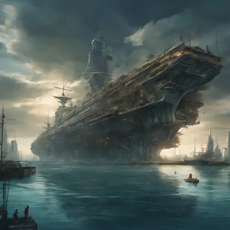 composition: "Visualize an awe-inspiring scene set in a near-future, post-apocalyptic world where a colossal battleship has been transformed into an immense, sprawling city. This waterborne metropolis stretches as far as the eye can see, emphasizing the co...