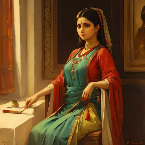 Attractive afgan lady , artistic  , , dynamic pose, cinematic light , painting of Ravi Verma