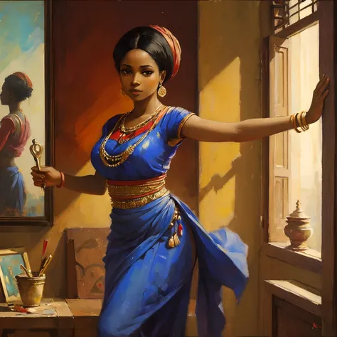 Attractive african lady , artistic  , , dynamic pose, cinematic light , painting of Ravi Verma