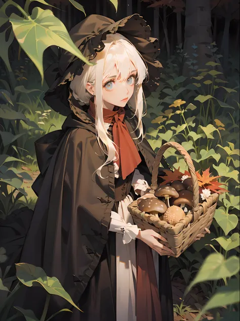 solo, loli, blonde hair, dark brown eyes, plaindoll, white hair, doll joints, bonnet, brown cloak, long dress, red ascot, autumn, autumn vegetation, mushrooms,, dead trees, looking at viewer, emotionless, muted color, desaturated, autumn forest, gothic, ho...