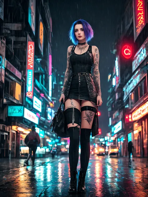 Tattooed woman with cyber prostetic modifiacion, short hair, rainy night ať cyberpunk city