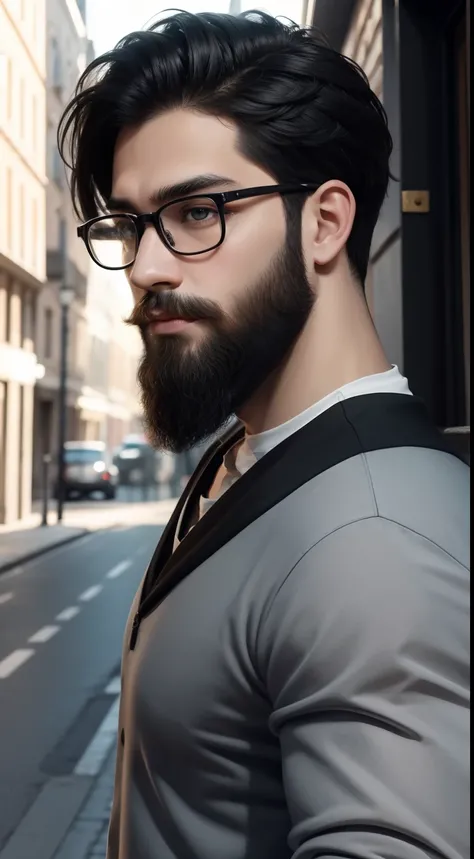 offcial art, Masterpiece, Sharp focus, Young person, Glasses, Beard, Black hair,, Casual clothing, Streaming, personal profile picture