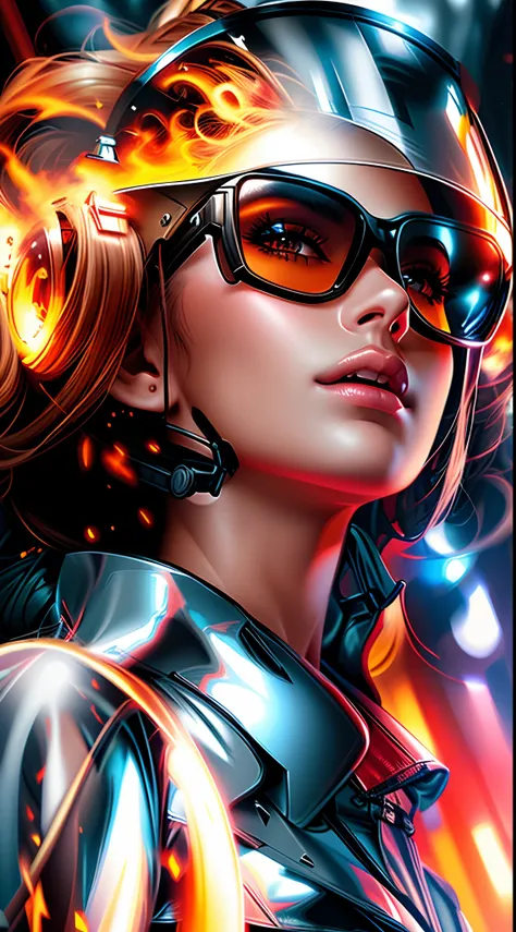 A woman wearing a helmet and sunglasses with a fire in the background, bela arte digital, stunning digital illustration, epic digital art illustration, arte conceitual digital de alta qualidade, exquisite digital illustration, lindo arte digital, lindo pin...