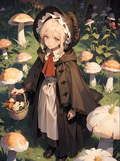 running in the rain, mushroom rain, solo, loli, blonde hair, dark brown eyes, plaindoll, white hair, doll joints, bonnet, brown cloak, long dress, red ascot, autumn, autumn vegetation, mushrooms,, dead trees, looking at viewer, emotionless, muted color, de...