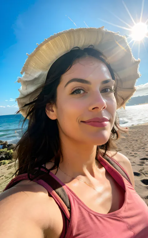 1 woman ((sea selfie, happy)), masterpiece, best quality, ultra-detailed, on the beach, (day), nature, cheerful, looking at the sea, happy, backpack, beach hat, pink shirt small sleeve closed, shadows, contrast, clear sky, style, (warm hue, warm tone: 1.2)...